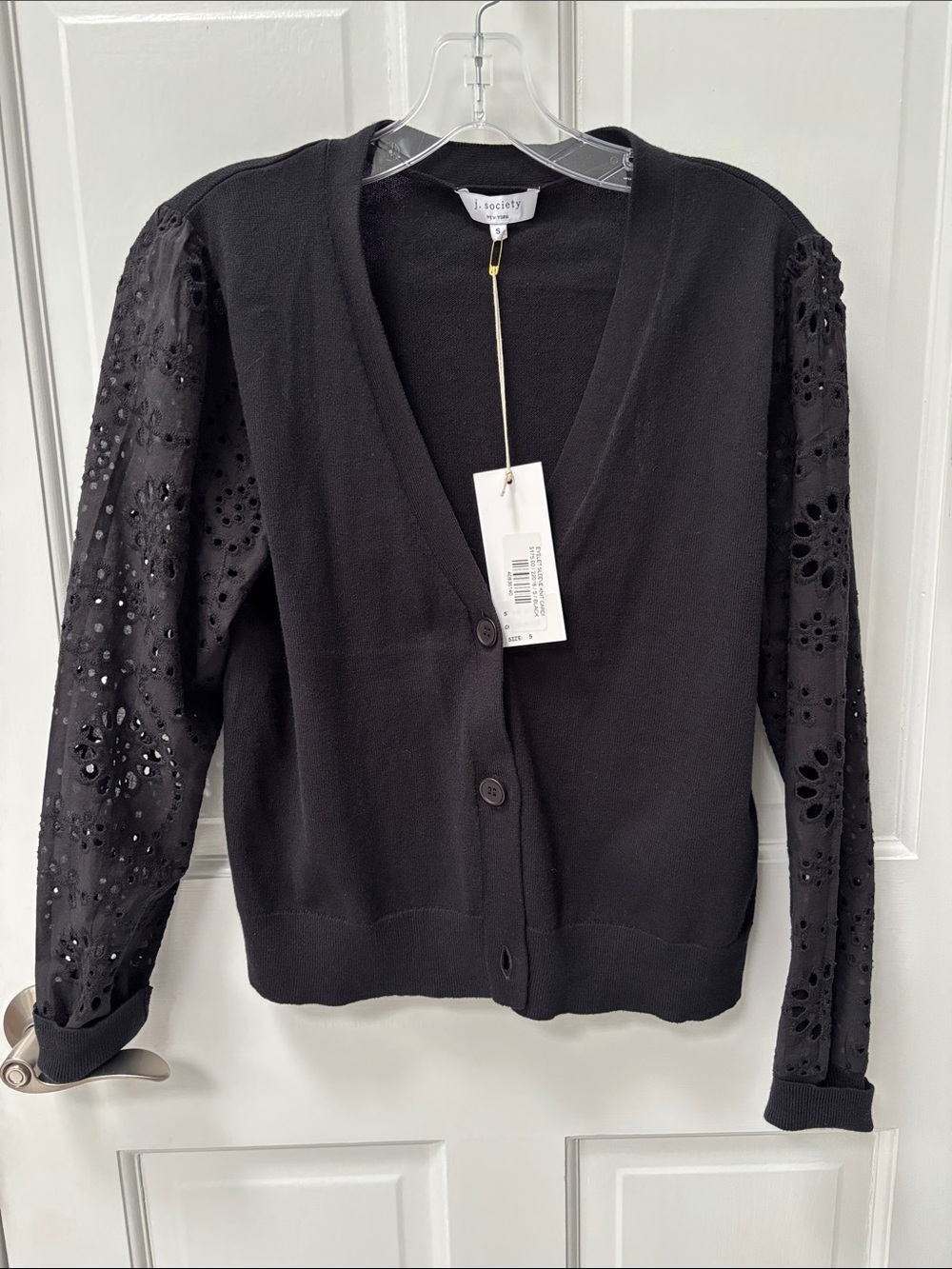 Society Black Eyelet Sleeve V-Neck Button Cardigan
